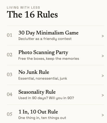 The 16 Rules screen in the app: a numbered list of rules, each with a one-line summary